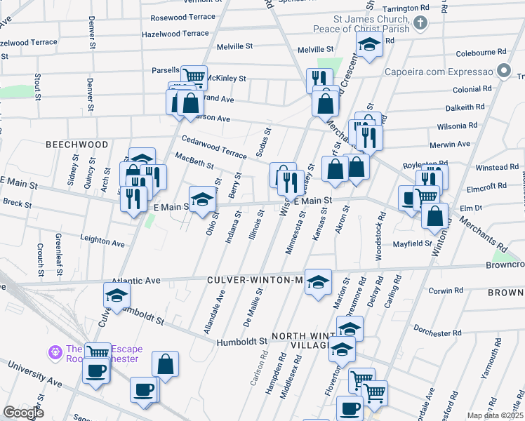 map of restaurants, bars, coffee shops, grocery stores, and more near 148 Illinois Street in Rochester