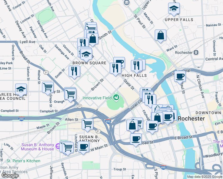 map of restaurants, bars, coffee shops, grocery stores, and more near 363 Plymouth Avenue in Rochester