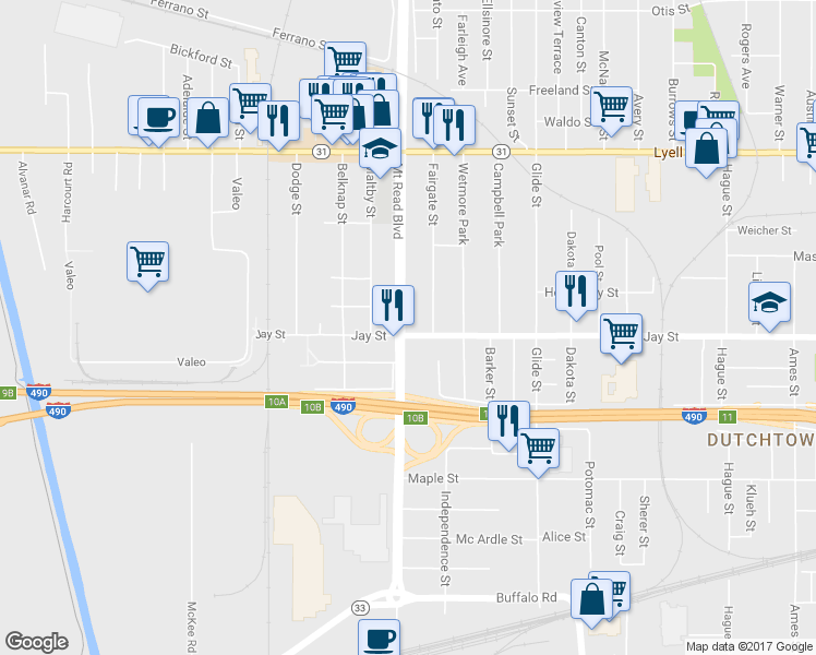 map of restaurants, bars, coffee shops, grocery stores, and more near 1404 Jay Street in Rochester