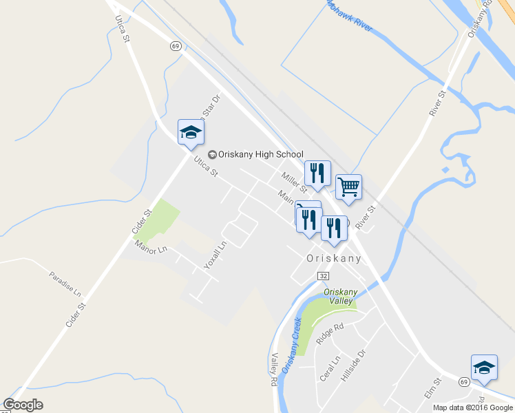 map of restaurants, bars, coffee shops, grocery stores, and more near 1111 Utica Street in Oriskany