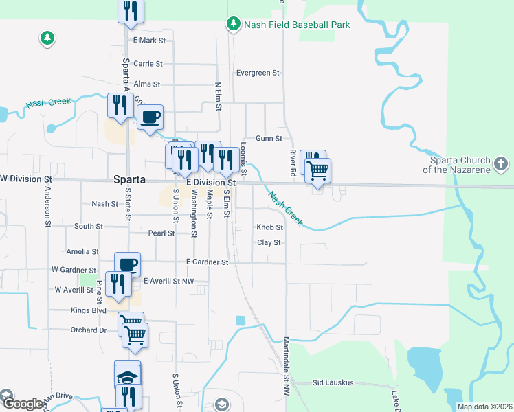 map of restaurants, bars, coffee shops, grocery stores, and more near 54 Prospect Street Northwest in Sparta