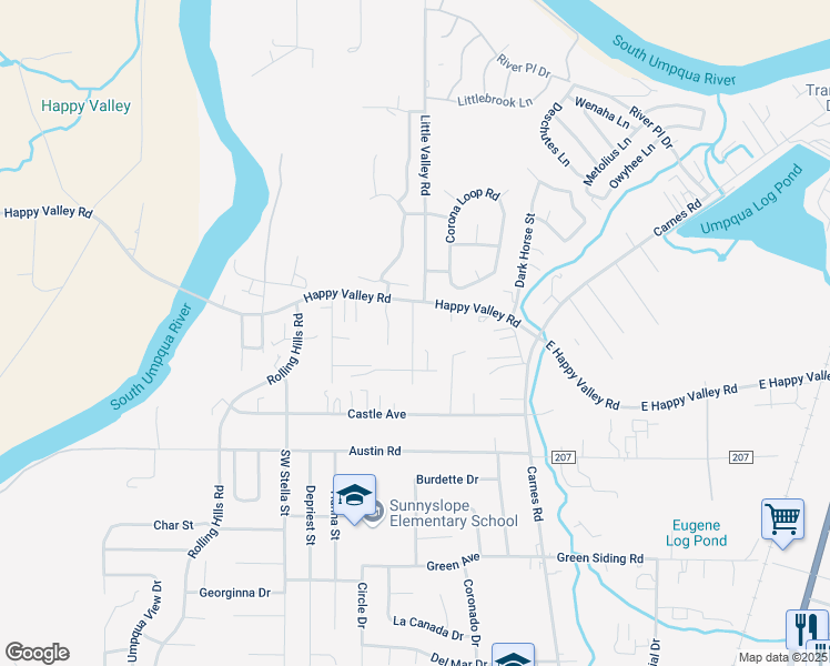 map of restaurants, bars, coffee shops, grocery stores, and more near 3739 Joe Avenue in Roseburg