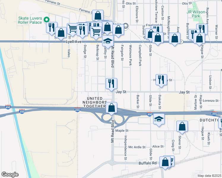 map of restaurants, bars, coffee shops, grocery stores, and more near 451 Mount Read Boulevard in Rochester