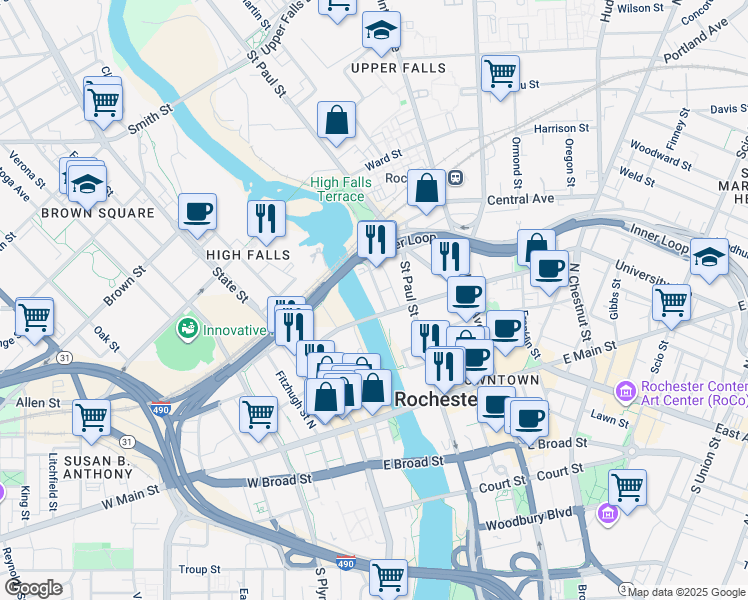 map of restaurants, bars, coffee shops, grocery stores, and more near 175 North Water Street in Rochester