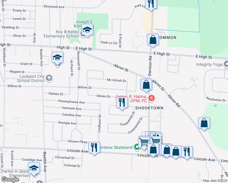 map of restaurants, bars, coffee shops, grocery stores, and more near 862 Willow Street in Lockport