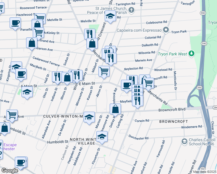 map of restaurants, bars, coffee shops, grocery stores, and more near 116 Newcroft Park in Rochester