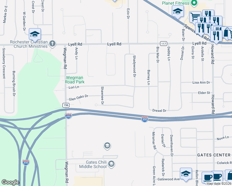 map of restaurants, bars, coffee shops, grocery stores, and more near 54 Glen Oaks Drive in Rochester