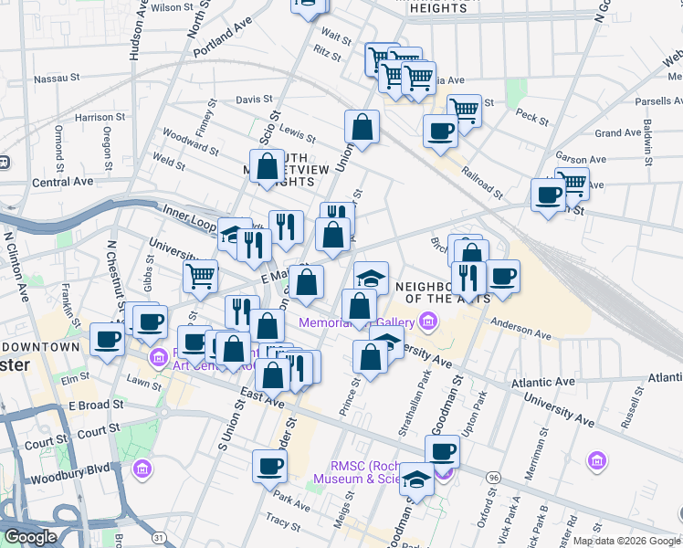 map of restaurants, bars, coffee shops, grocery stores, and more near 413 Alexander Street in Rochester
