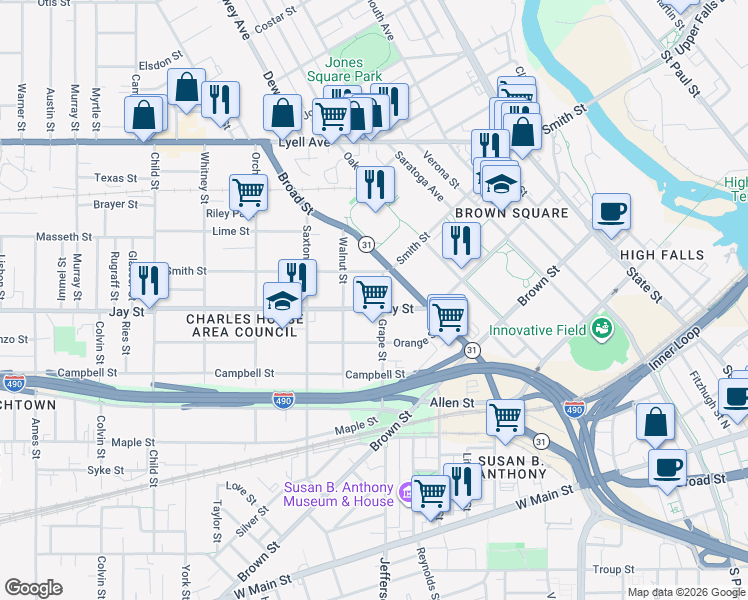 map of restaurants, bars, coffee shops, grocery stores, and more near 352 Jay Street in Rochester