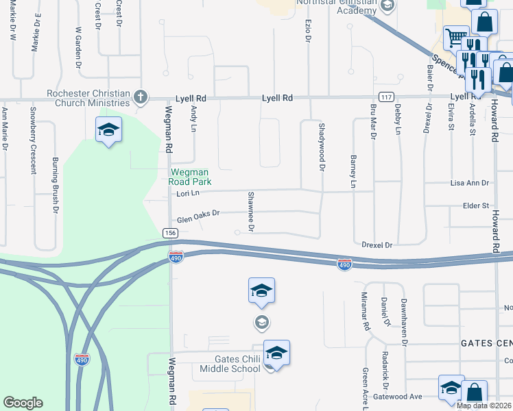 map of restaurants, bars, coffee shops, grocery stores, and more near 10 Shawnee Drive in Rochester