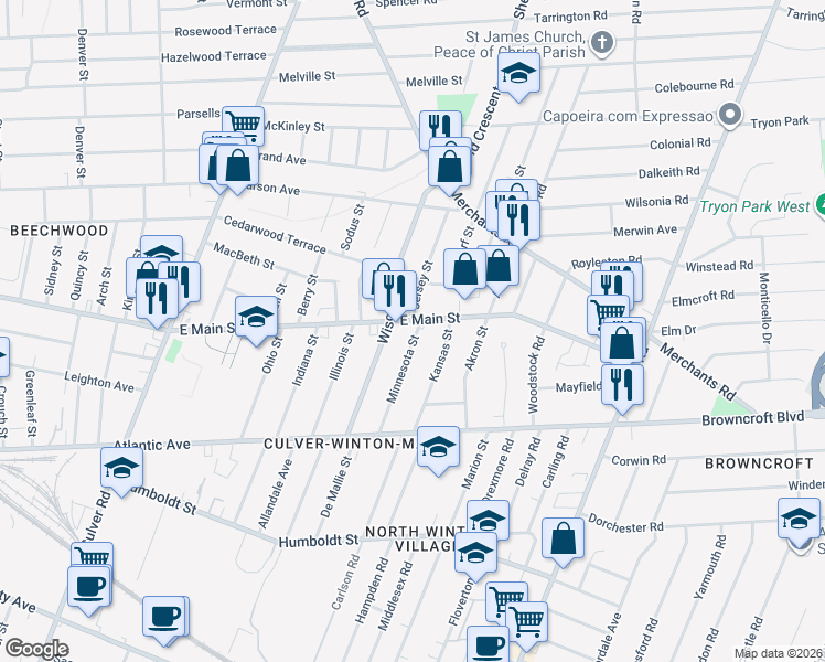 map of restaurants, bars, coffee shops, grocery stores, and more near 144 Wisconsin Street in Rochester