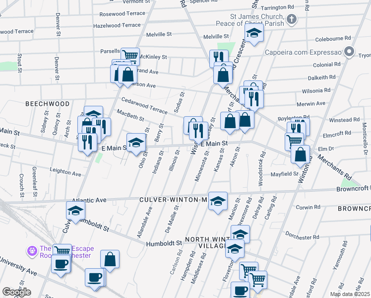 map of restaurants, bars, coffee shops, grocery stores, and more near 148 Illinois Street in Rochester