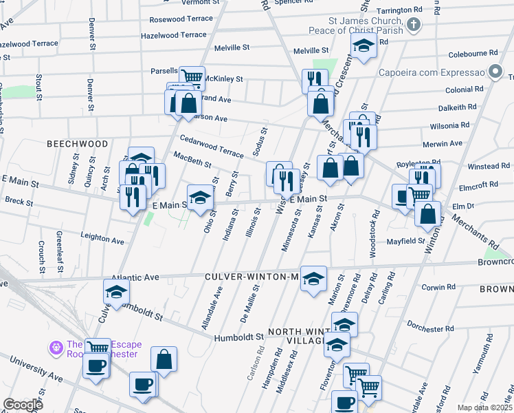map of restaurants, bars, coffee shops, grocery stores, and more near 148 Illinois Street in Rochester
