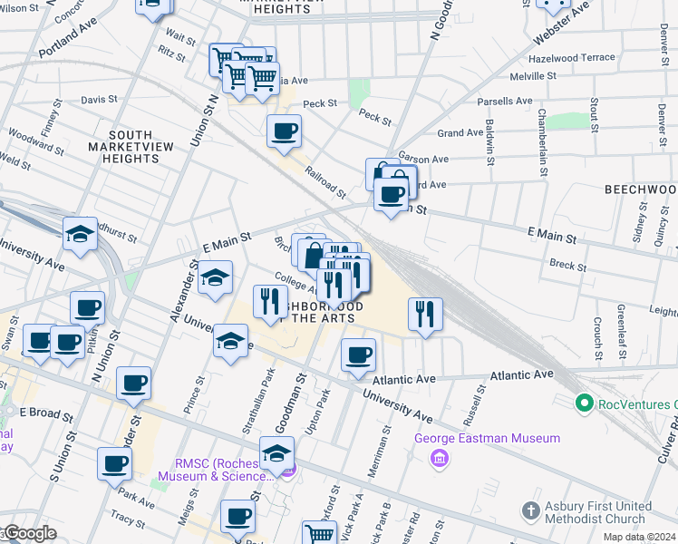 map of restaurants, bars, coffee shops, grocery stores, and more near 320 Goodman Street North in Rochester