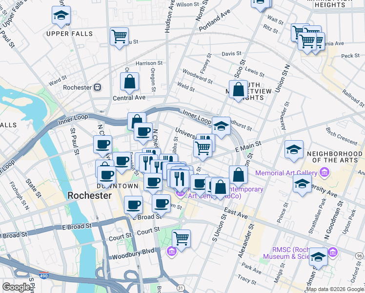 map of restaurants, bars, coffee shops, grocery stores, and more near in Rochester