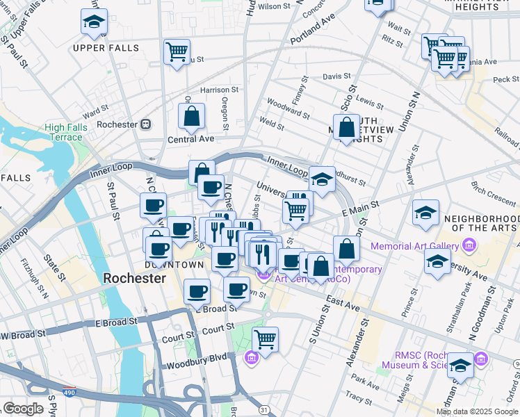 map of restaurants, bars, coffee shops, grocery stores, and more near in Rochester