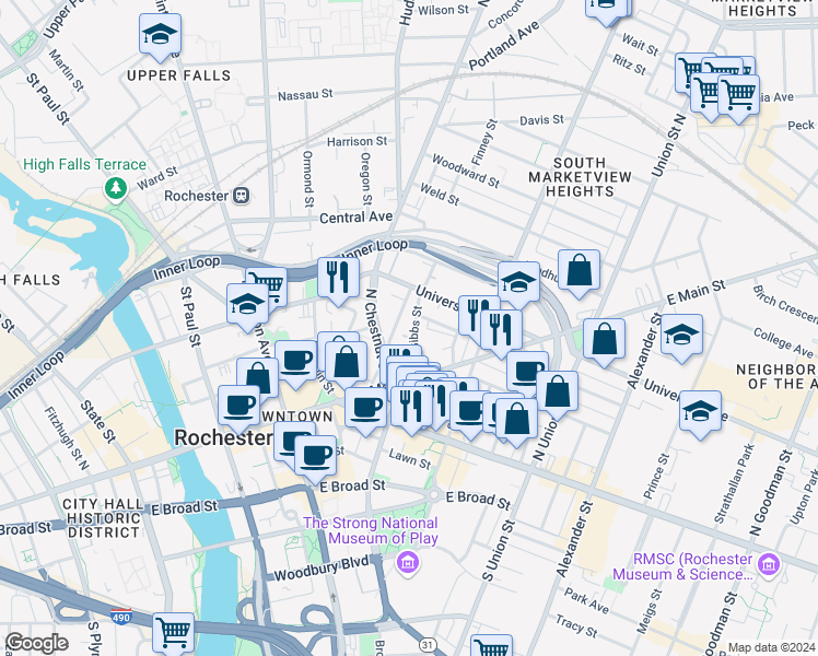 map of restaurants, bars, coffee shops, grocery stores, and more near in Rochester