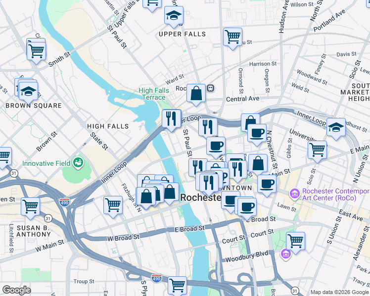 map of restaurants, bars, coffee shops, grocery stores, and more near 184 Andrews Street in Rochester