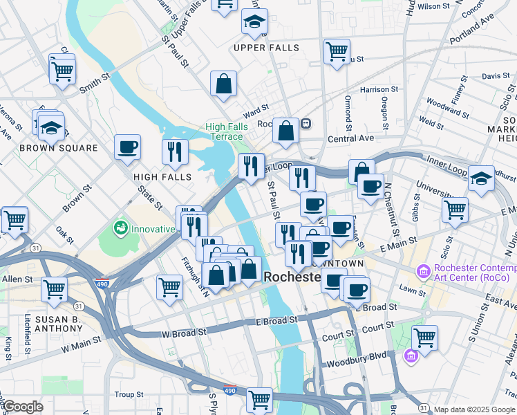 map of restaurants, bars, coffee shops, grocery stores, and more near 175 North Water Street in Rochester