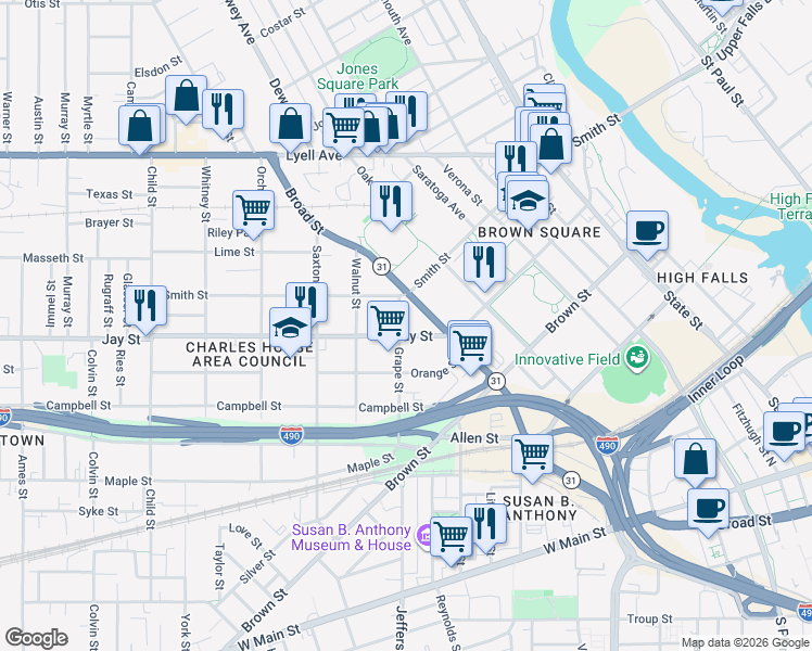 map of restaurants, bars, coffee shops, grocery stores, and more near 352 Jay Street in Rochester