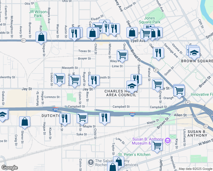 map of restaurants, bars, coffee shops, grocery stores, and more near 618 Jay Street in Rochester
