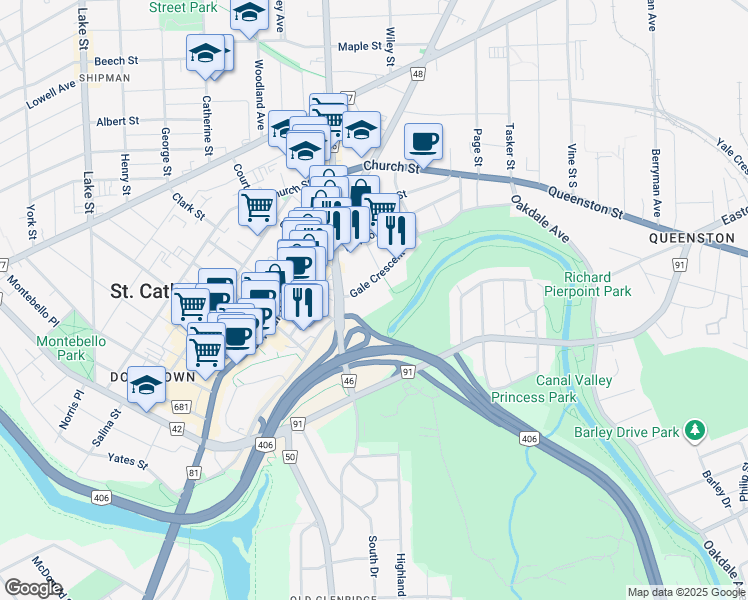 map of restaurants, bars, coffee shops, grocery stores, and more near 7 Gale Crescent in St. Catharines