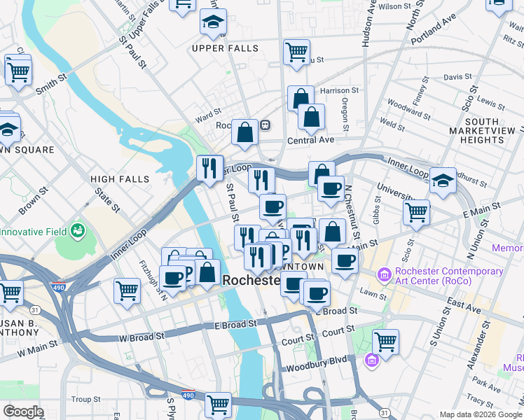 map of restaurants, bars, coffee shops, grocery stores, and more near 239 Andrews Street in Rochester