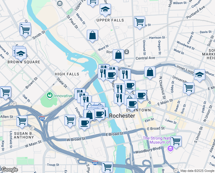 map of restaurants, bars, coffee shops, grocery stores, and more near 168 North Water Street in Rochester