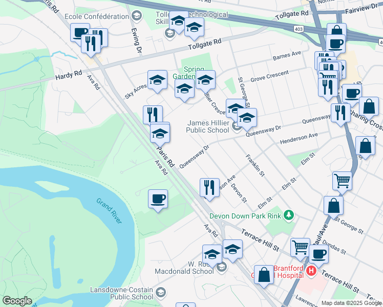map of restaurants, bars, coffee shops, grocery stores, and more near 18 Queensway Drive in Brantford