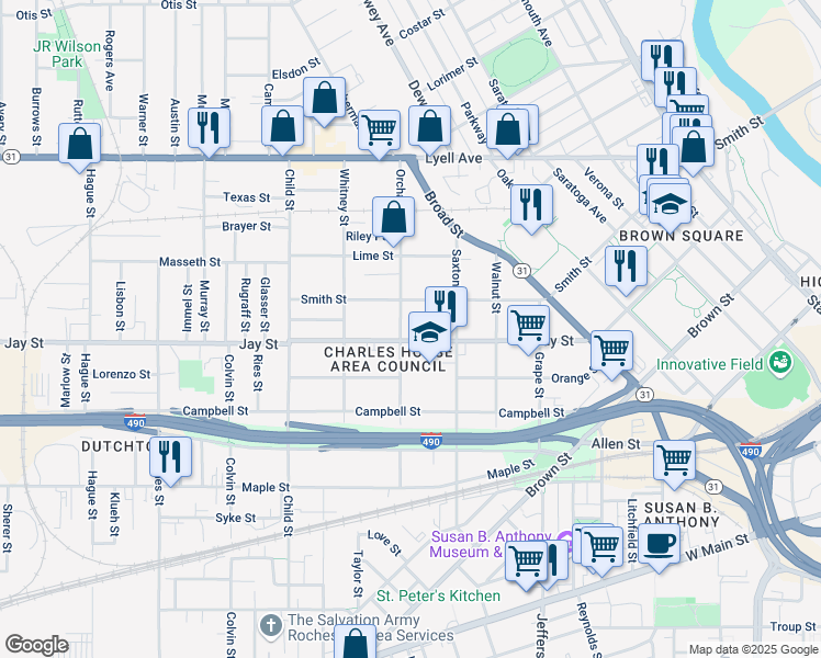 map of restaurants, bars, coffee shops, grocery stores, and more near 516 Jay Street in Rochester