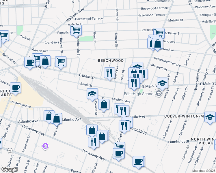 map of restaurants, bars, coffee shops, grocery stores, and more near 274 Breck Street in Rochester