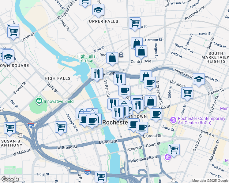 map of restaurants, bars, coffee shops, grocery stores, and more near 216 Andrews Street in Rochester