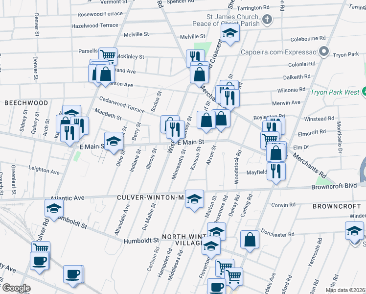 map of restaurants, bars, coffee shops, grocery stores, and more near 144 Wisconsin Street in Rochester