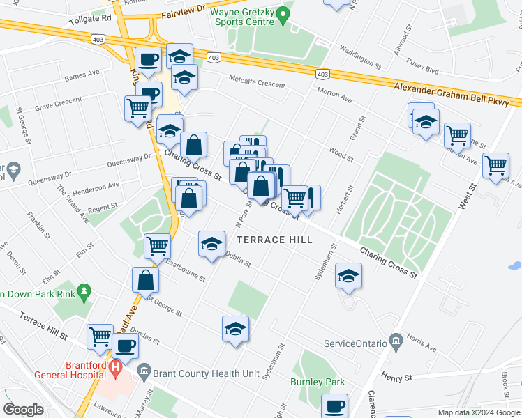 map of restaurants, bars, coffee shops, grocery stores, and more near 84 Charing Cross Street in Brantford