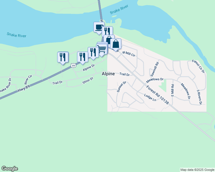 map of restaurants, bars, coffee shops, grocery stores, and more near 623 Grandview Drive in Alpine