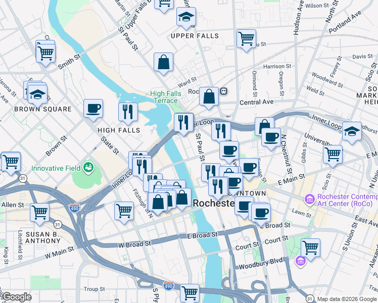 map of restaurants, bars, coffee shops, grocery stores, and more near 168 North Water Street in Rochester