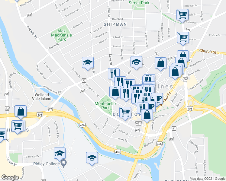 map of restaurants, bars, coffee shops, grocery stores, and more near 36 Lake Street in St. Catharines