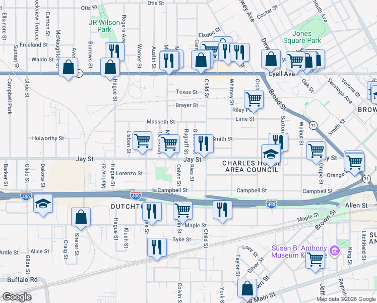 map of restaurants, bars, coffee shops, grocery stores, and more near 726 Jay Street in Rochester