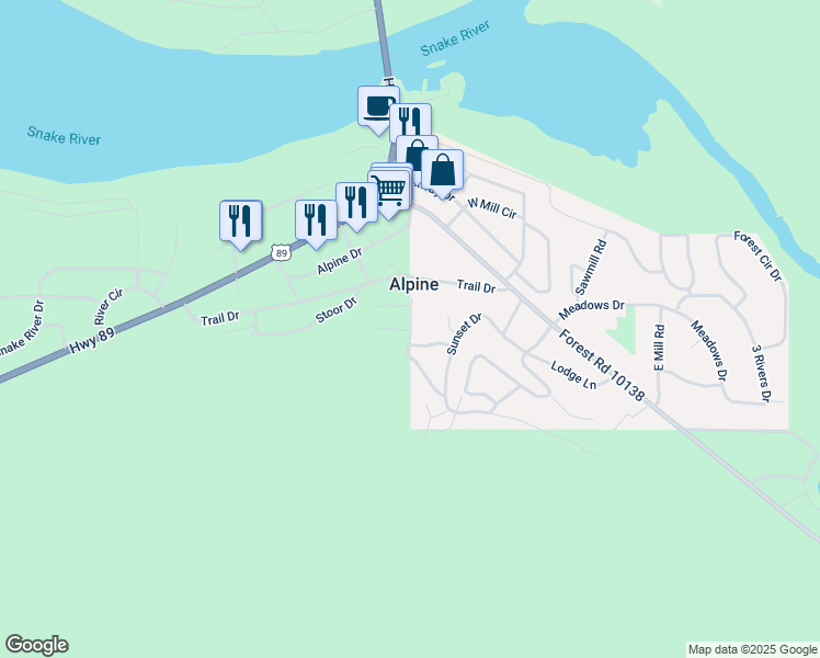 map of restaurants, bars, coffee shops, grocery stores, and more near 623-627 Grandview Drive in Alpine