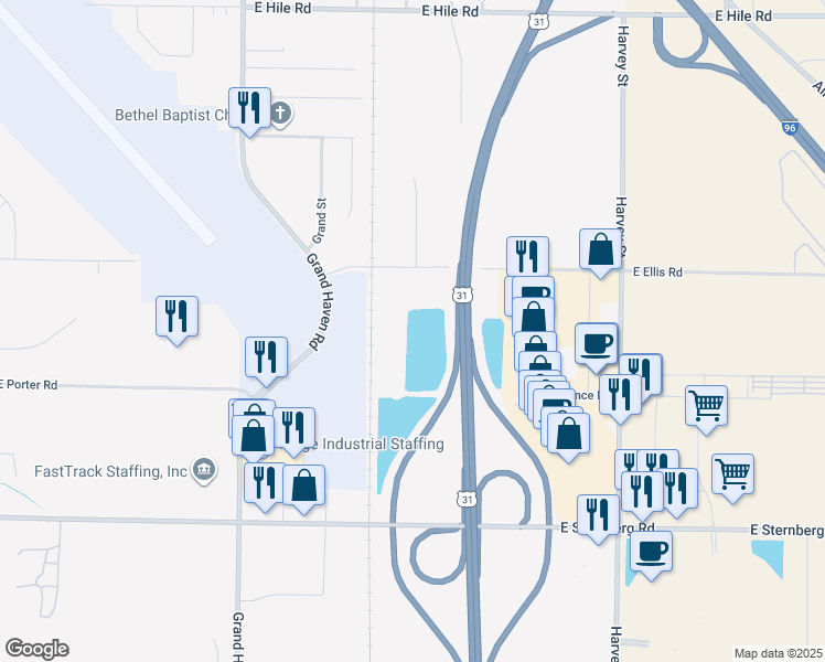 map of restaurants, bars, coffee shops, grocery stores, and more near 1283 East Ellis Road in Norton Shores