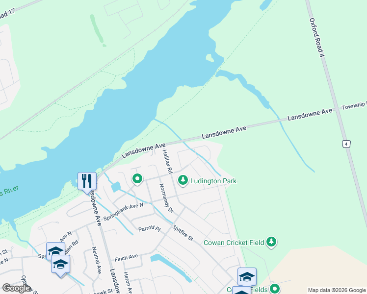 map of restaurants, bars, coffee shops, grocery stores, and more near 152 Juno Crescent in Woodstock