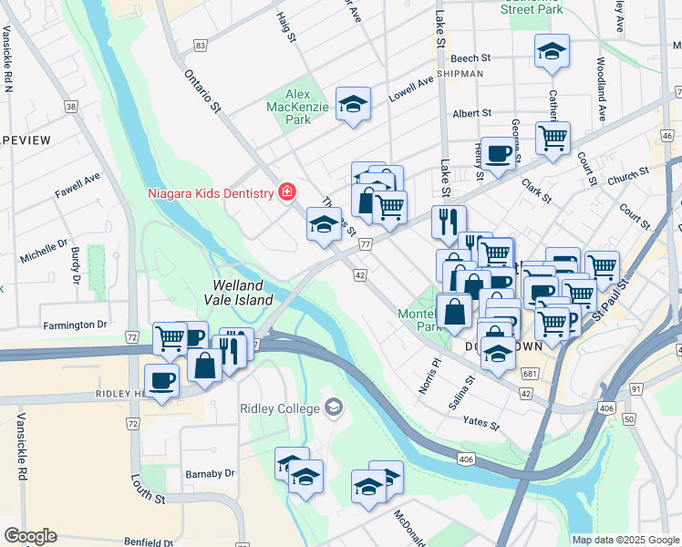 map of restaurants, bars, coffee shops, grocery stores, and more near 165 Ontario Street in St. Catharines
