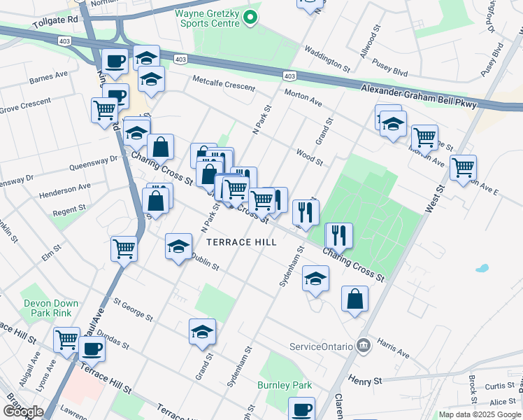 map of restaurants, bars, coffee shops, grocery stores, and more near 105 Charing Cross Street in Brantford