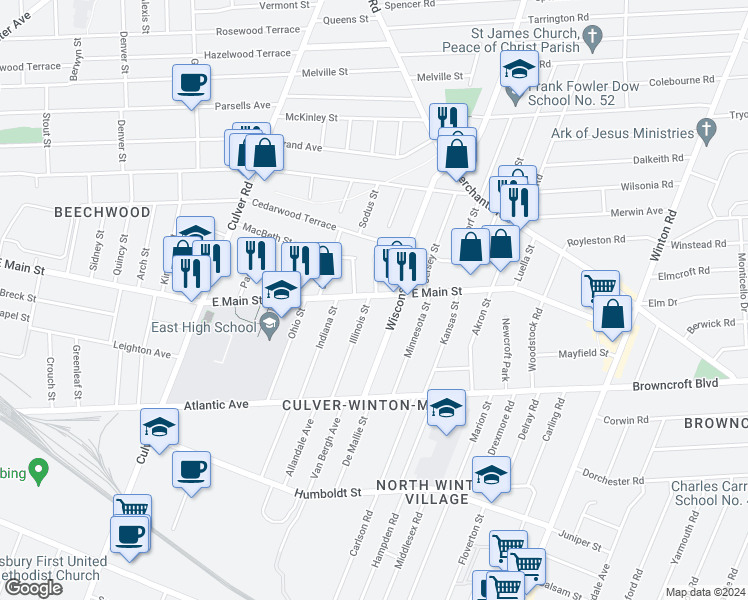 map of restaurants, bars, coffee shops, grocery stores, and more near 148 Illinois Street in Rochester