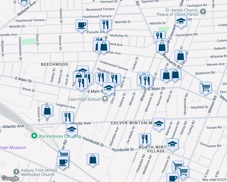 map of restaurants, bars, coffee shops, grocery stores, and more near 144 Ohio Street in Rochester