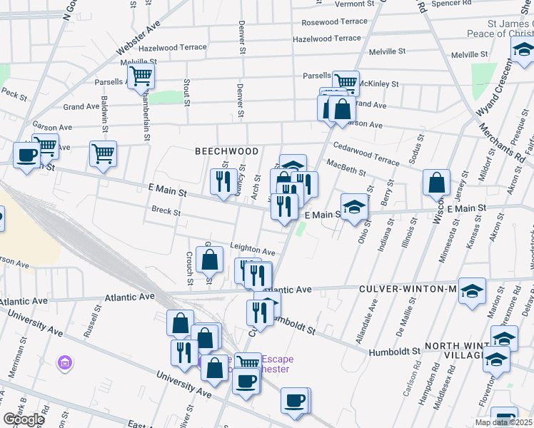 map of restaurants, bars, coffee shops, grocery stores, and more near 18 Bowman Street in Rochester