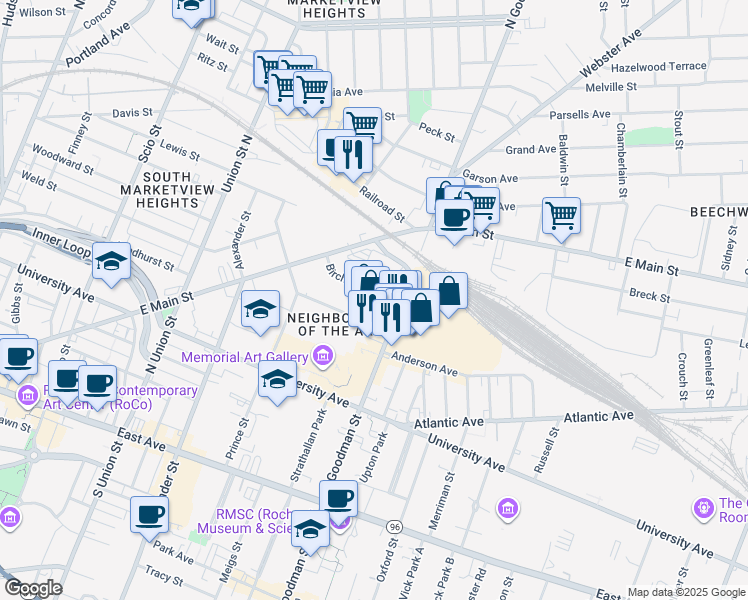 map of restaurants, bars, coffee shops, grocery stores, and more near 301 North Goodman Street in Rochester