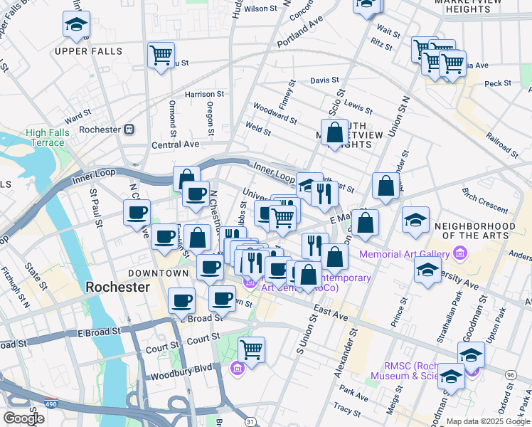 map of restaurants, bars, coffee shops, grocery stores, and more near in Rochester