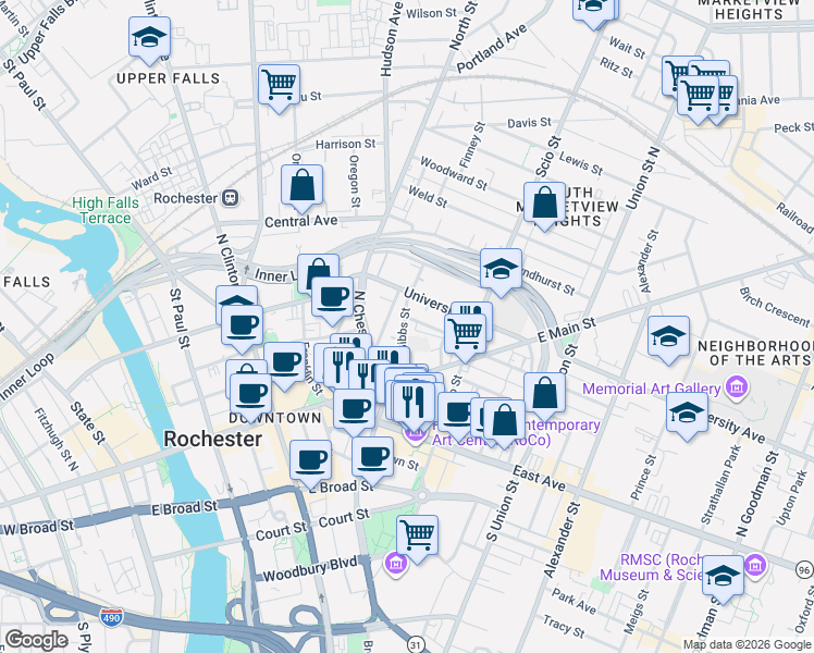 map of restaurants, bars, coffee shops, grocery stores, and more near in Rochester