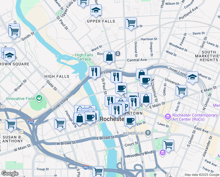 map of restaurants, bars, coffee shops, grocery stores, and more near 184 Andrews Street in Rochester